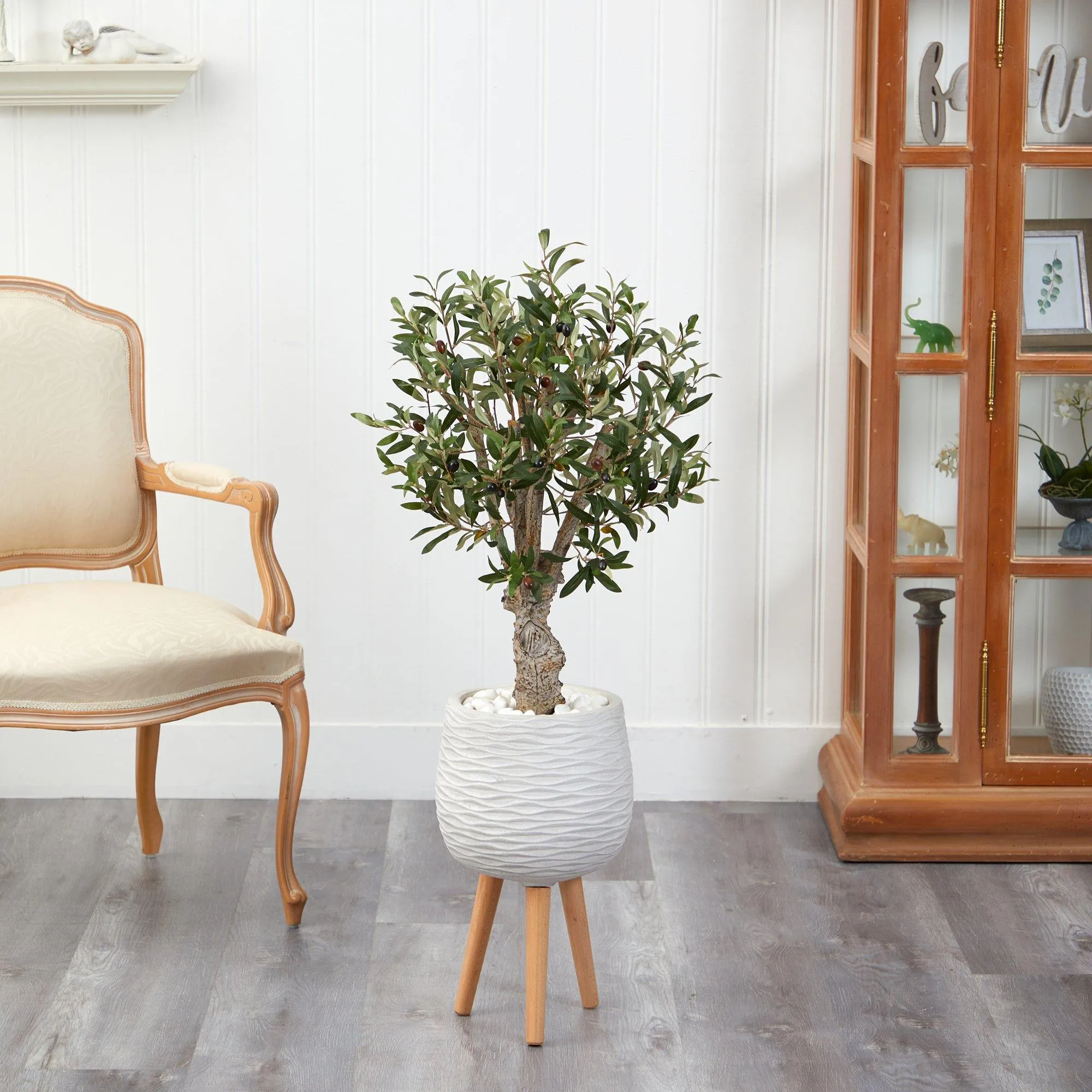 3.5’ Olive Artificial Tree in White Planter with Stand