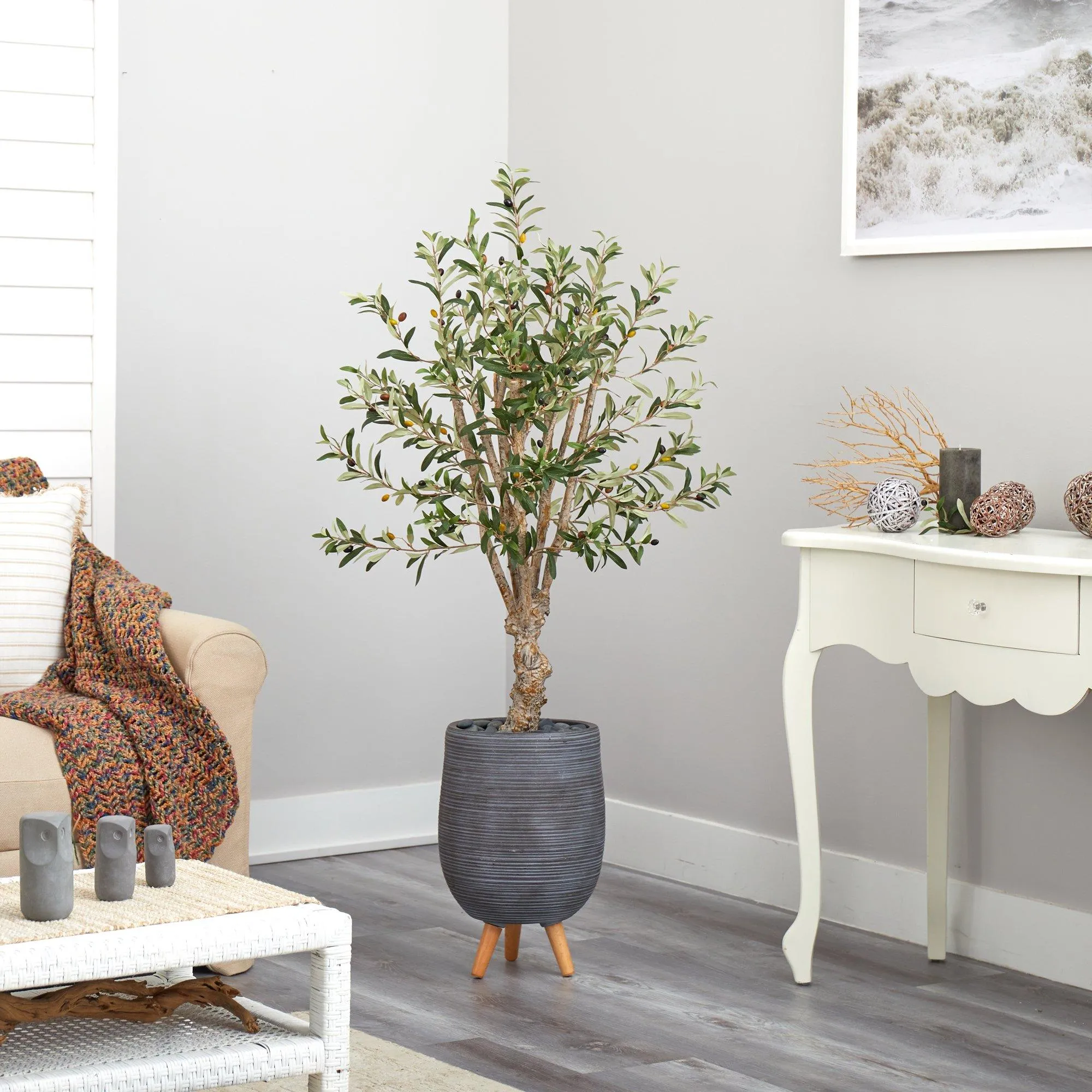 5’ Olive Artificial Tree in Gray Tri-Pod Planter