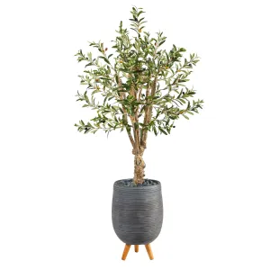 5’ Olive Artificial Tree in Gray Tri-Pod Planter