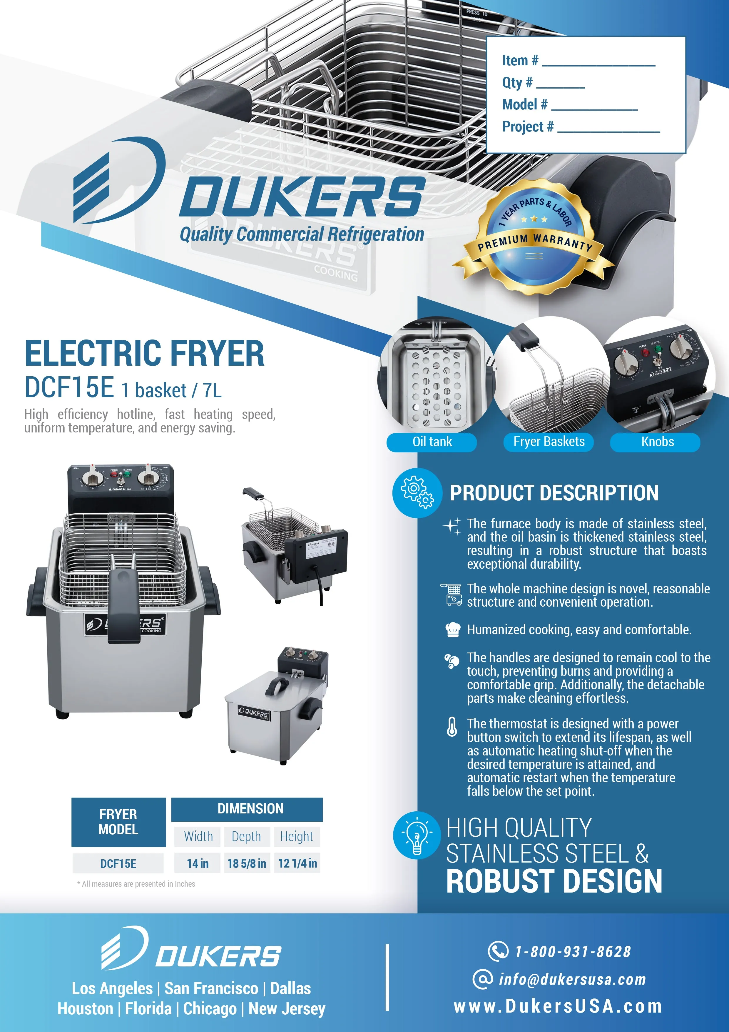 Dukers - DCF15E, 15lb One Basket Electric Countertop Deep Fryer