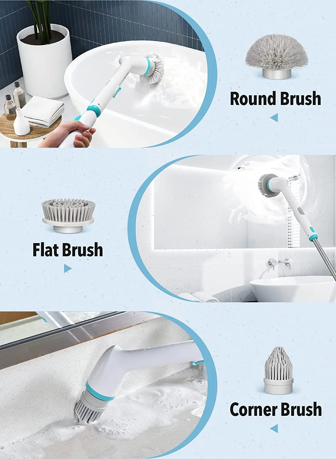 Electric Spin Scrubber, IPX7 Waterproof Cordless Cleaning Brush with 3 Brush Heads, Adjustable Extension Handle- HM708