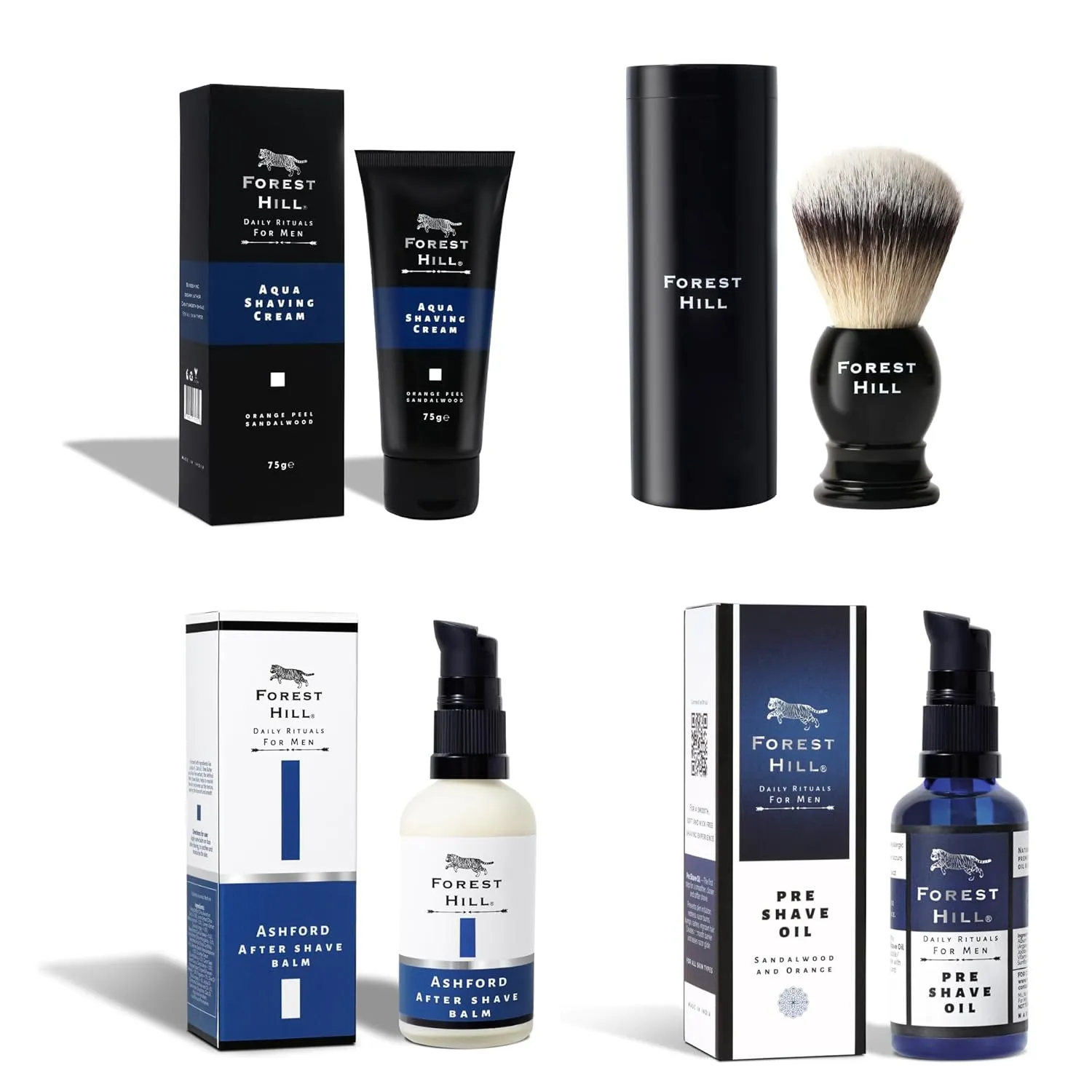 Forest Hill Pack of 4 Men Shaving Kit, Black Ashford Shaving Brush With Holder, Aqua Shaving Cream 75gm, Pre Shave Oil 50ml & Ashford After Shave Balm 100ml