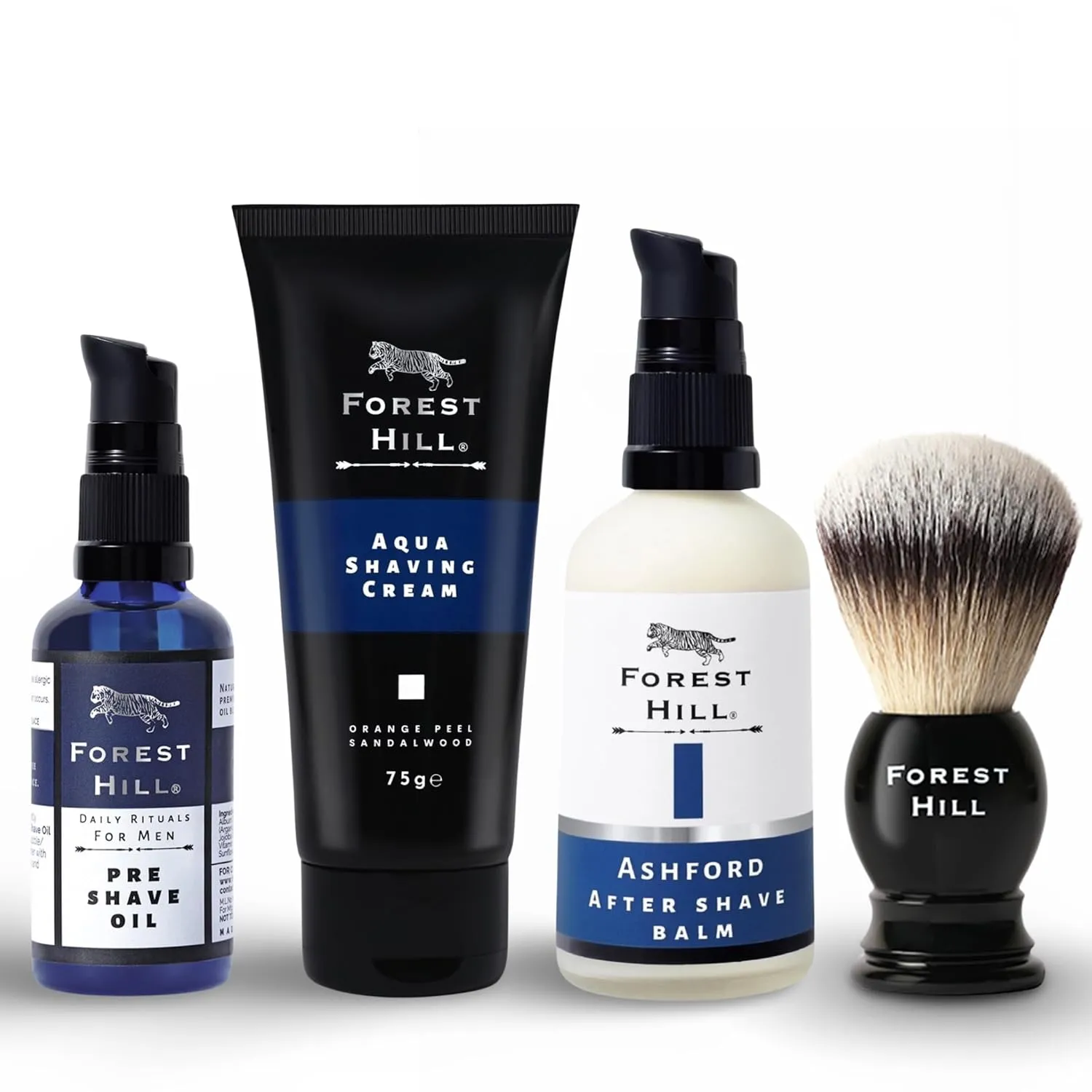 Forest Hill Pack of 4 Men Shaving Kit, Black Ashford Shaving Brush With Holder, Aqua Shaving Cream 75gm, Pre Shave Oil 50ml & Ashford After Shave Balm 100ml