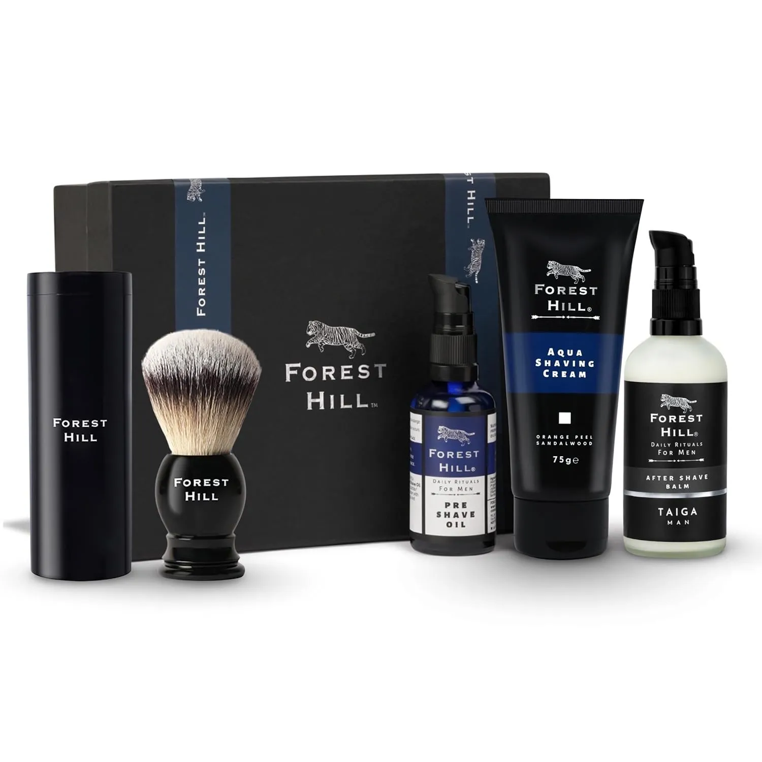 Forest Hill Set of 4 Men Gift Set Grooming Shaving Kit, Pre Shave Oil 50ml, Aqua Shaving Cream 75g, Taiga After Shave Balm 100ml & Black Ashford Synthetic Faux Badger Super Soft Hair Shaving Brush With Holder