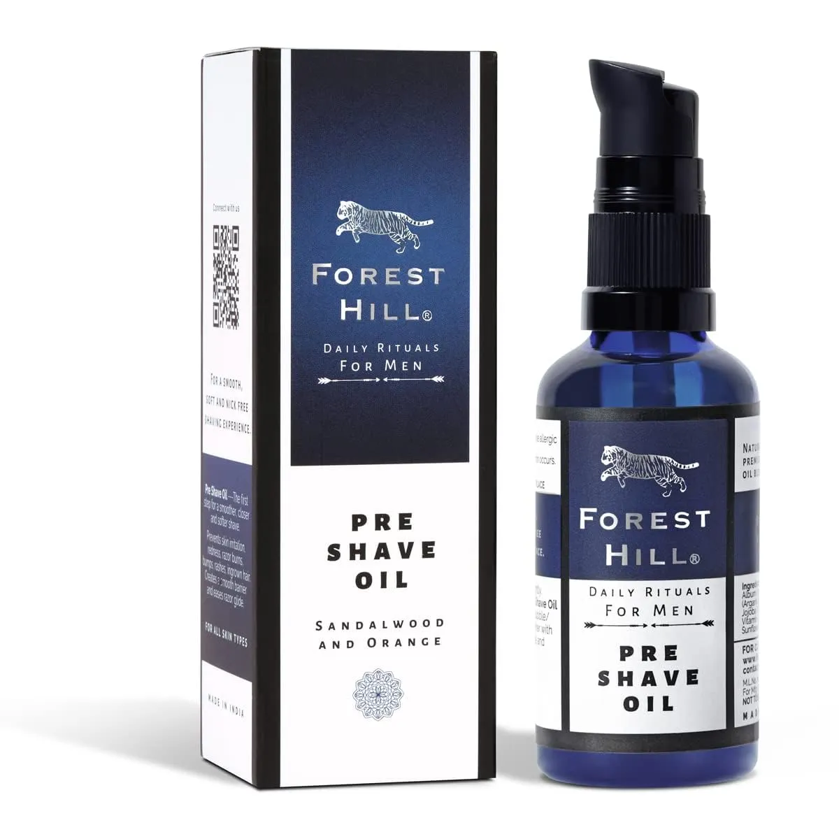 Forest Hill Set of 4 Men Gift Set Grooming Shaving Kit, Pre Shave Oil 50ml, Aqua Shaving Cream 75g, Taiga After Shave Balm 100ml & Black Ashford Synthetic Faux Badger Super Soft Hair Shaving Brush With Holder