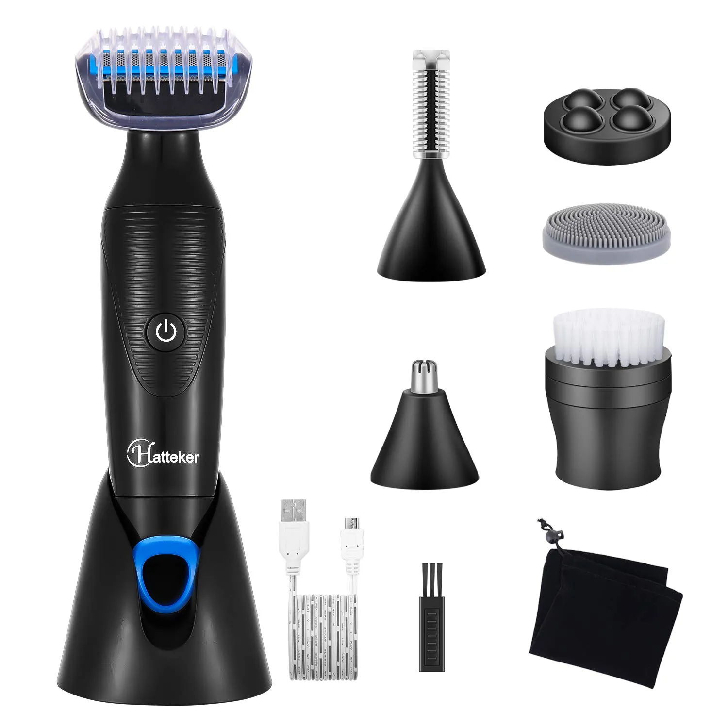 Hatteker Mens Grooming Kit 6 in 1 USB Rechargeable Body Hair Trimmer with Nose/Ear, Eyebrow Hair Trimmer,Facial Cleansing, Massaging Head,Silicone Head -Washable Personal Care Set