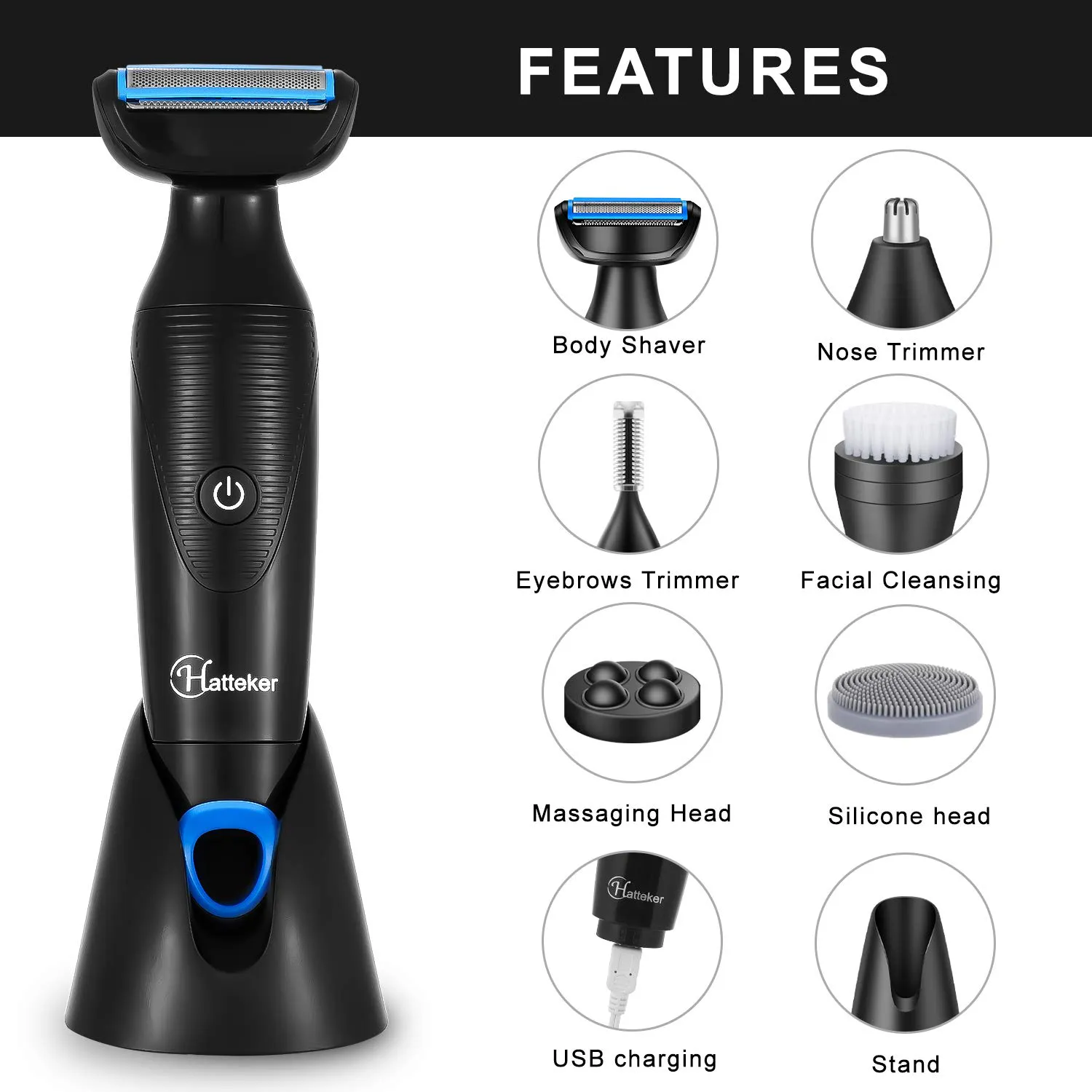 Hatteker Mens Grooming Kit 6 in 1 USB Rechargeable Body Hair Trimmer with Nose/Ear, Eyebrow Hair Trimmer,Facial Cleansing, Massaging Head,Silicone Head -Washable Personal Care Set