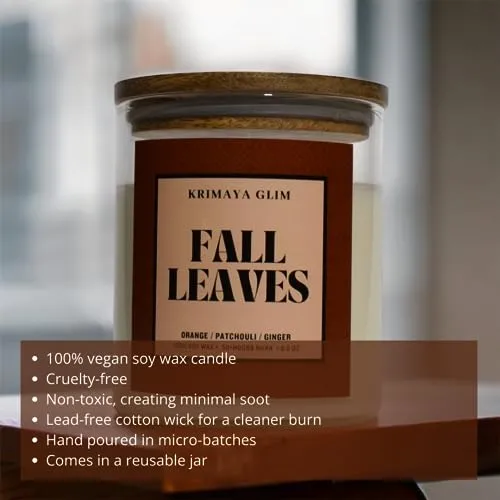 Krimaya Glim - Fall Leaves Candle| Vegan Soy Wax Aromatherapy Candle | Premium Glass Jar | 50-60 Hour Long Burning | Home Decor, Luxury Gift for Decoration, Non - Toxic - Fall Leaves