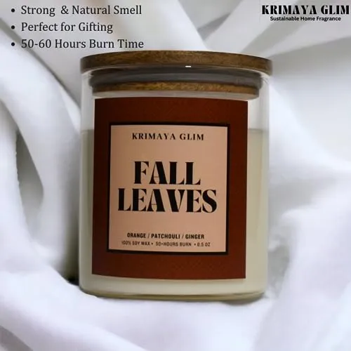 Krimaya Glim - Fall Leaves Candle| Vegan Soy Wax Aromatherapy Candle | Premium Glass Jar | 50-60 Hour Long Burning | Home Decor, Luxury Gift for Decoration, Non - Toxic - Fall Leaves