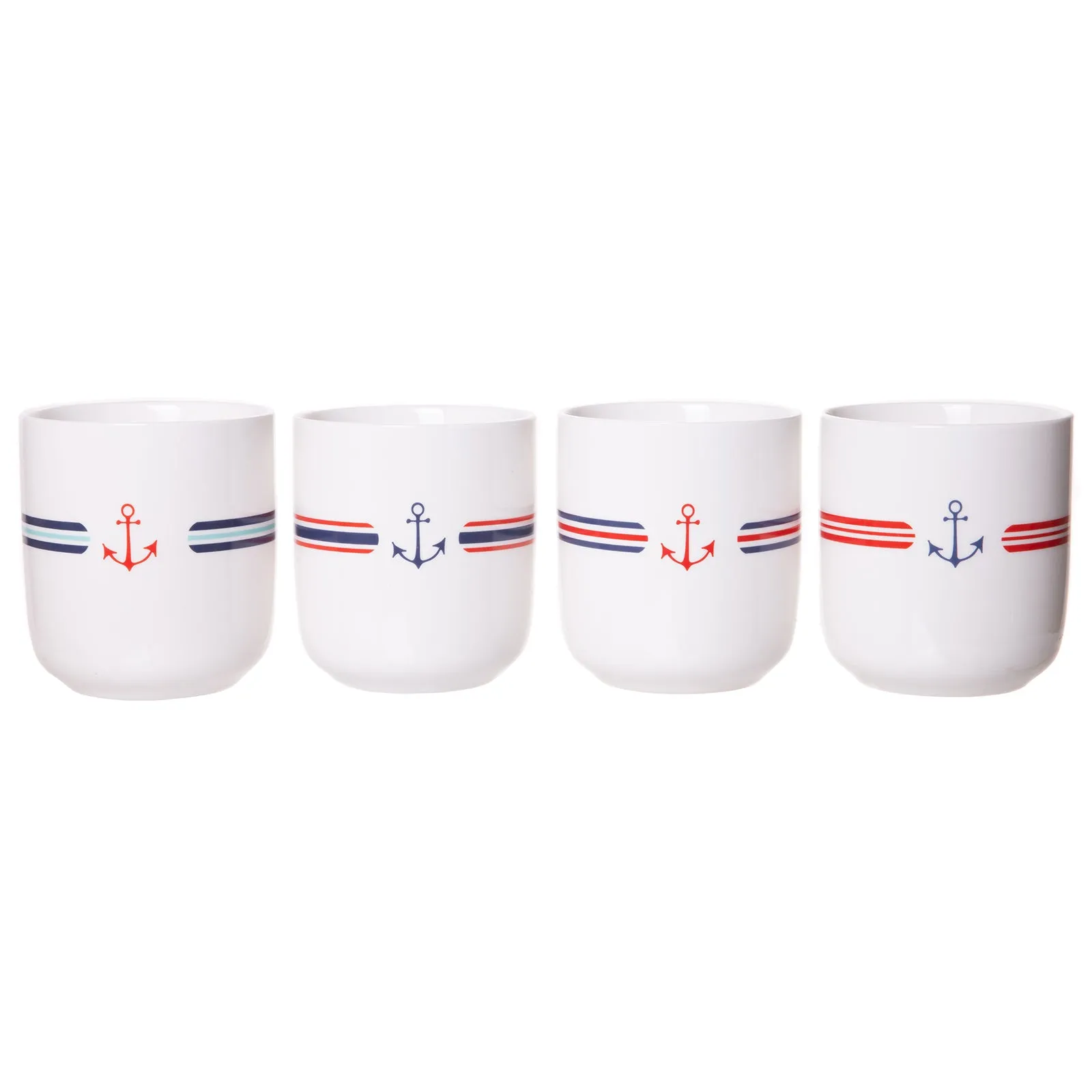 Nautical Stoneware Cup Set with Anchor & Stripes, Iced Tea Cups Water Juice Soda Beverages, Set of 4, 8 fl oz