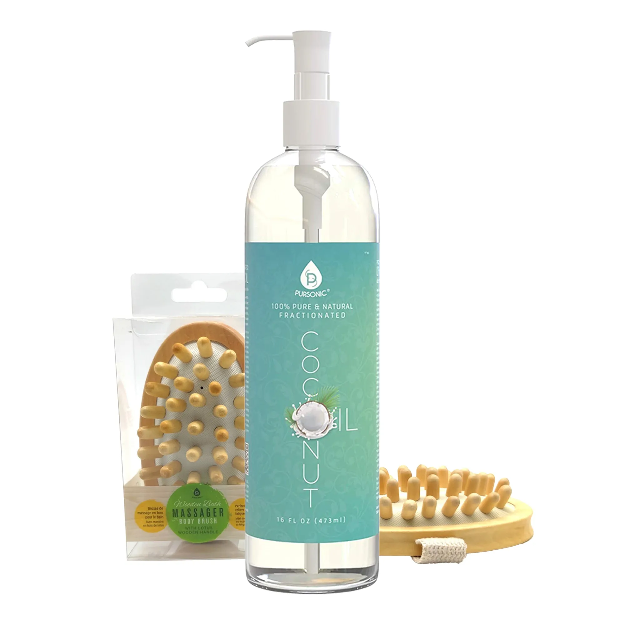 Nourishing Beauty Bundle: Fractionated Coconut Oil (16 Oz) & Boar Bristle Bath Brush