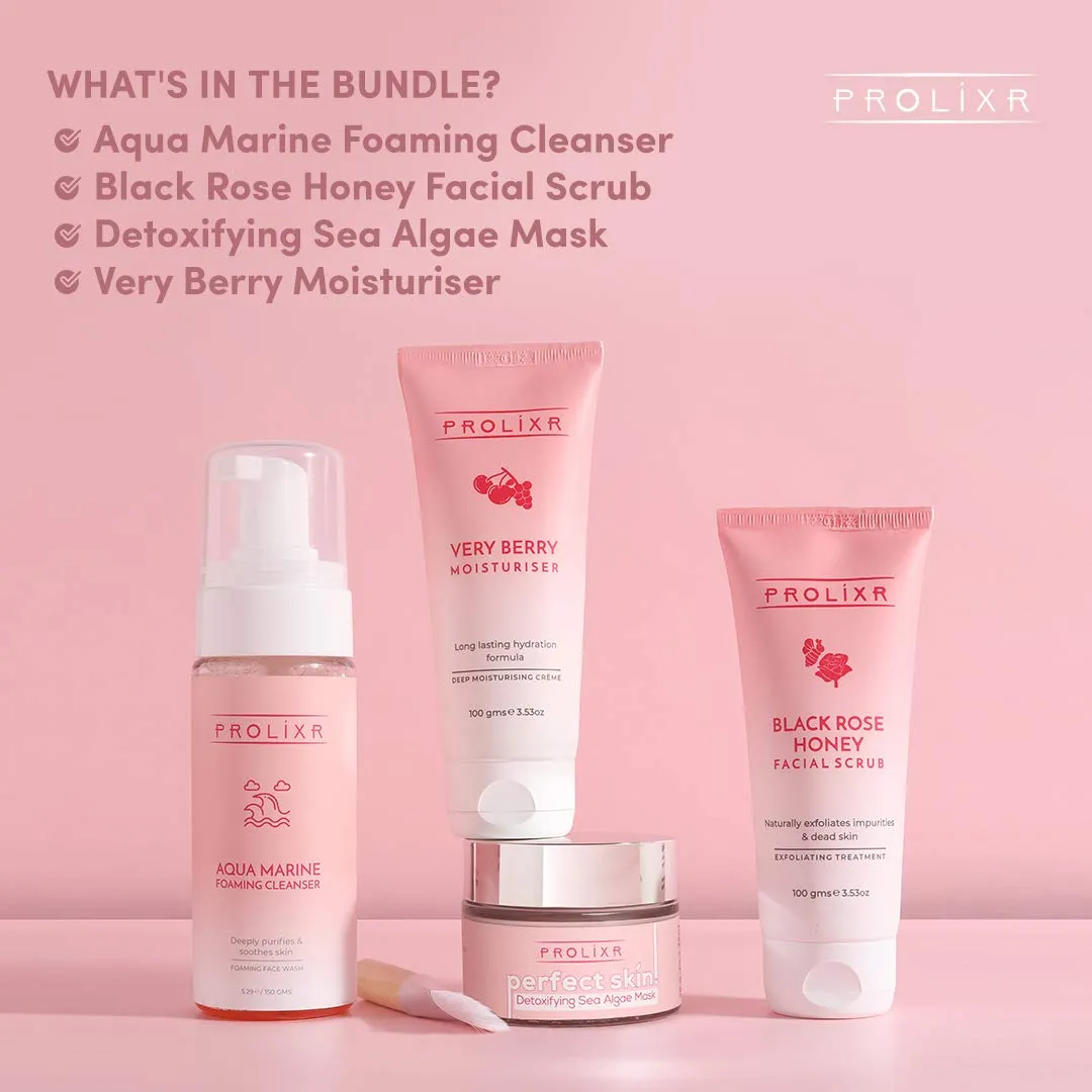 PROLIXR SKIN VACATION BUNDLE - Cleanser, Scrub, Moisturizer and Mask | Mega-Detoxifying, Hydrating | No Paraben | Cruelty-Free