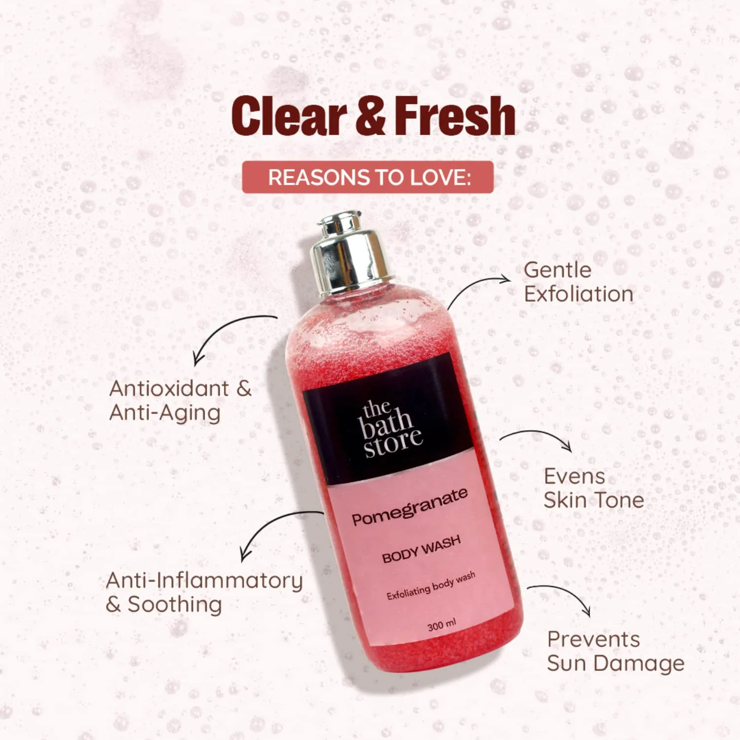 The Bath Store Pomegranate Body Wash - Deeply Cleansing | Exfoliating | Nourishing Liquid Soap | Men and Women - 300ml (Pack of 3)